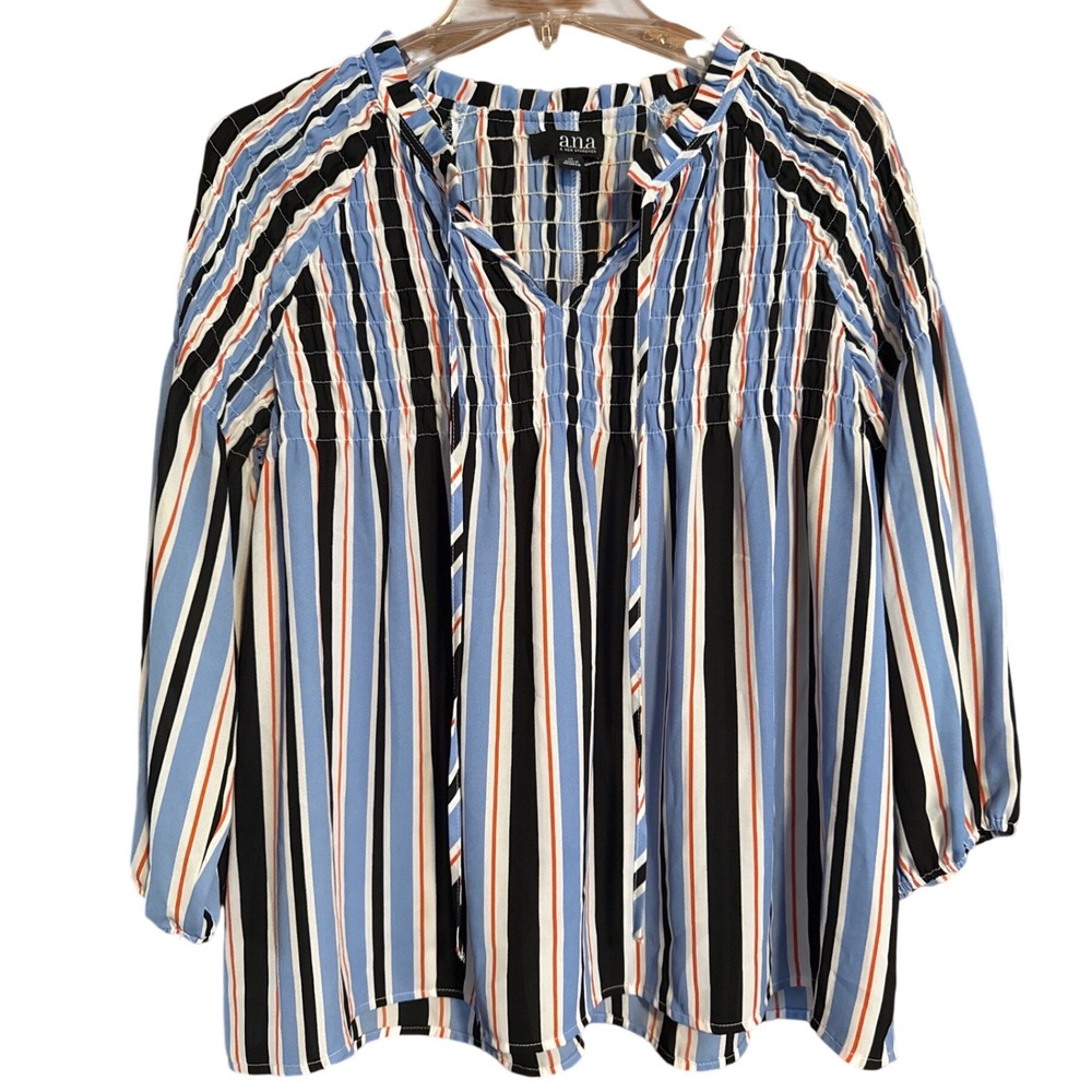 ana A New Approach Womens Blue Black Striped Smocked‎ Peasant Blouse Top Medium